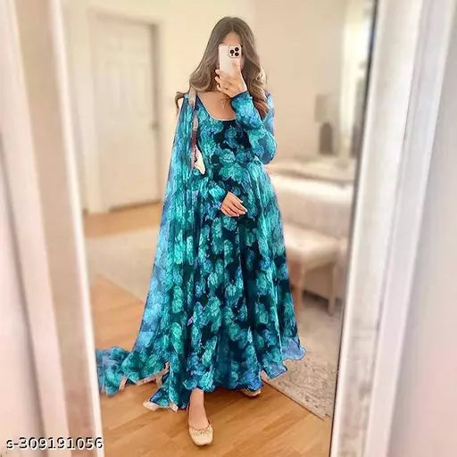 QVAZOR Stylish Fancy Trendy Printed Georgette Gown For Women For Party Wedding Festival Functions