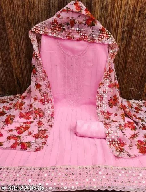Women's Pink Floral Embroidered Georgette Suits & Dress Materials