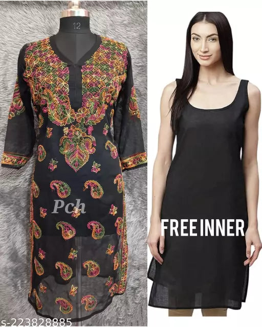 Fancy Chikankari Embroiderd Handwork N/C Yog Chiffon Long kurti With inner..