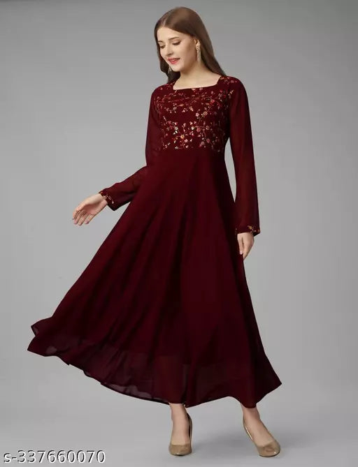 Exquisite Georgette Long Dress - Elegant Party Wear Maroon Gown for Women and Ladies