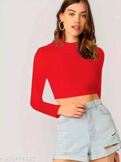 Casual Polyester Blend Round Neck Long Sleeves Crop Top