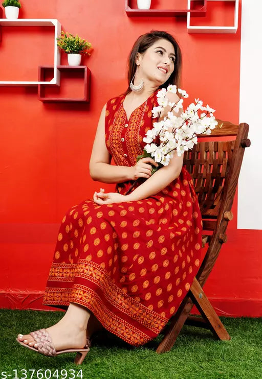 Shree Ganesh fashion's Rayon Anarkali Printed Maroon  Green Kurti for women