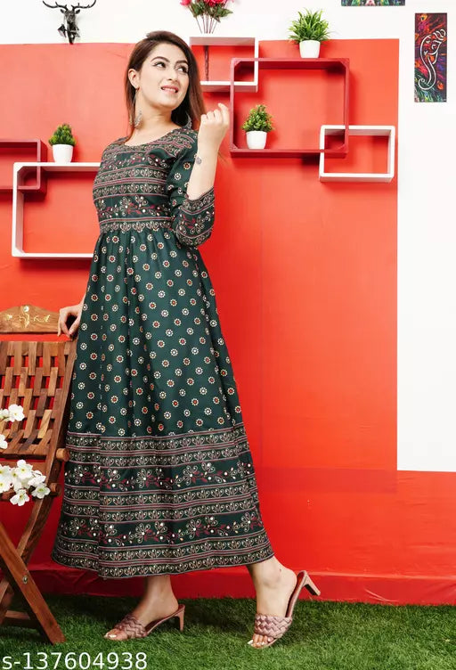Shree Ganesh fashion's Rayon Anarkali Printed D  Green gold  Kurti for women