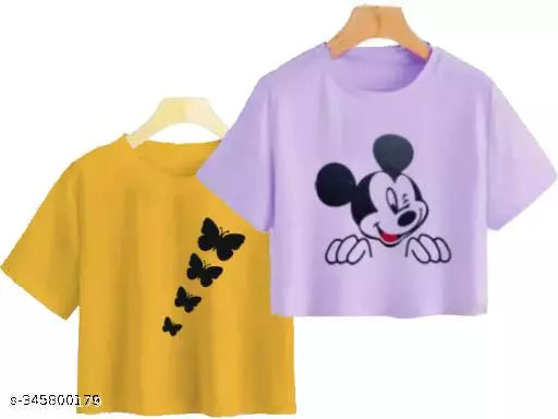 Trendy Feminine Printed Crop Tshirt Round Neck Top For Womens