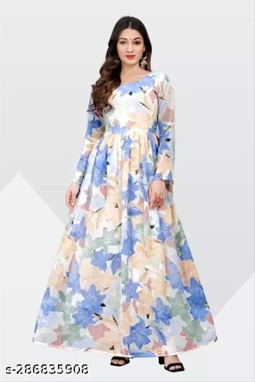 QVAZOR Stylish Fancy Trendy Printed Georgette Gown For Women For Party Wedding Festival Functions