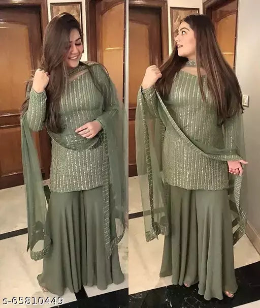Women's Green Embellished  Georgette Suits & Dress Materials