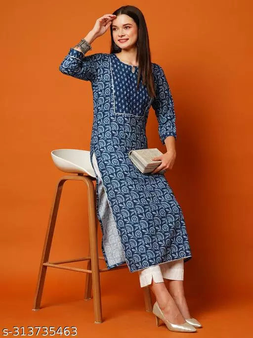 Anni Designer Women's Blue Straight Floral Printed Kurti