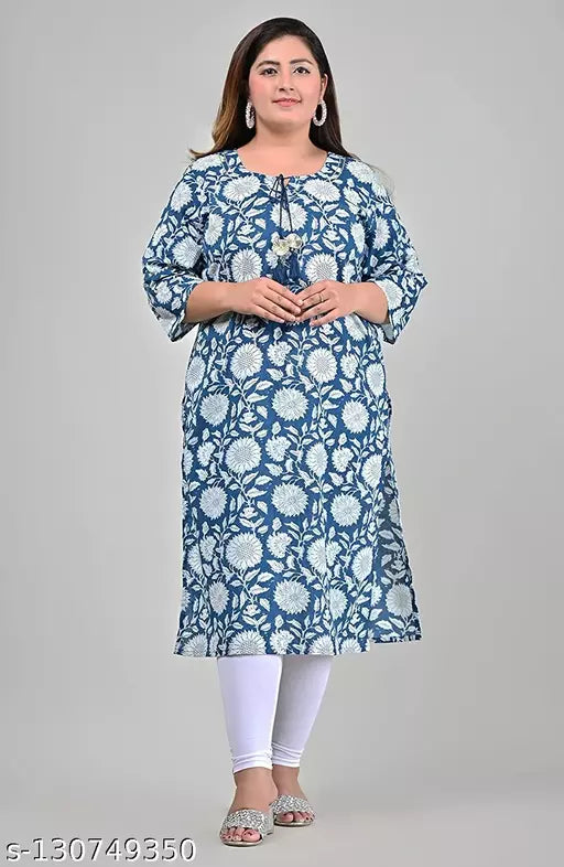 Women Plus Size Floral Print Pure Cotton Plus Size Straight Kurta (Blue)