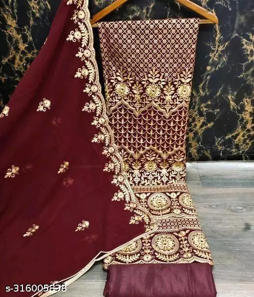 Women's Maroon Floral Patiala Embroidered Sequence Work Georgette Salwar Suit & Dress Materials