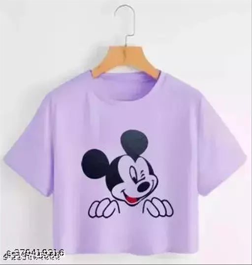 Trendy Feminine Printed Crop Tshirt Round Neck Top For Womens