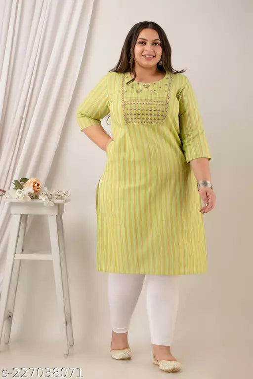 Neerupam Collection Pure Cotton Embroidered Green Kurti For women - Plus Size Embroidery Kurti 