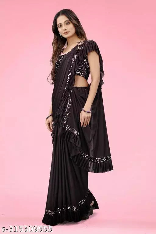 Ready To Wear Lycra Freel Fancy Party Wear Sarees Black Colour Sarees with sequance blouse BY Kraddle