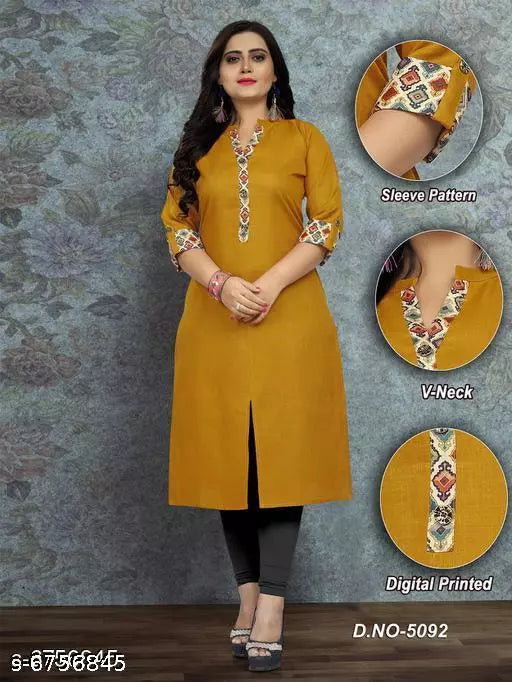 Women Cotton High- Slit Solid Mustard Kurti