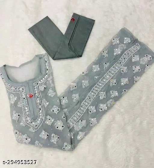 Chikankari Mirror Work Embroidered Booti Jaal Long Handwork Kurti with Inner.