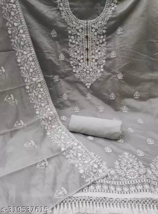 Women's Heavy Cotton Embroidery Work Unstitched Salwar Suit Dress Material With Chanderi Work Dupatta