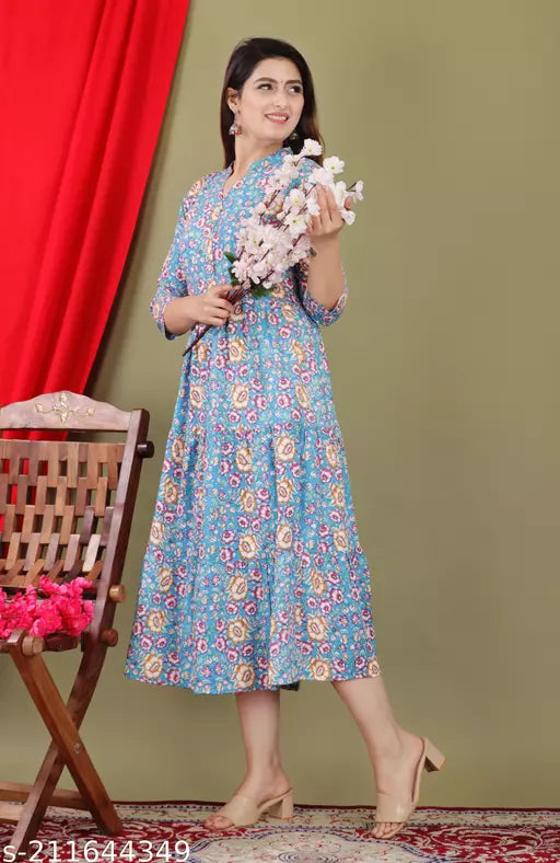 Shree Ganesh fashion's Cotton Anarkali Printed Sky Blue Kurti for women