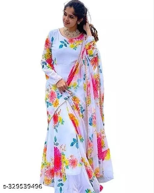QVAZOR Stylish Fancy Trendy Printed Georgette Gown For Women For Party Wedding Festival Functions