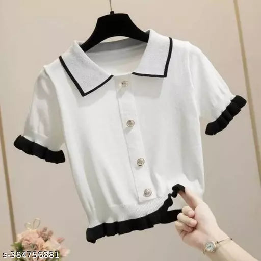 Women's Short Sleeve Knit Top  Summer  Summer Knit T-Shirt  Short Sleeve  Frill  Open Front  Collar  High Waist  Office  Casual  Beautiful  Cool  Breathable  Cute  Stylish  Slimming  Going Out White Top