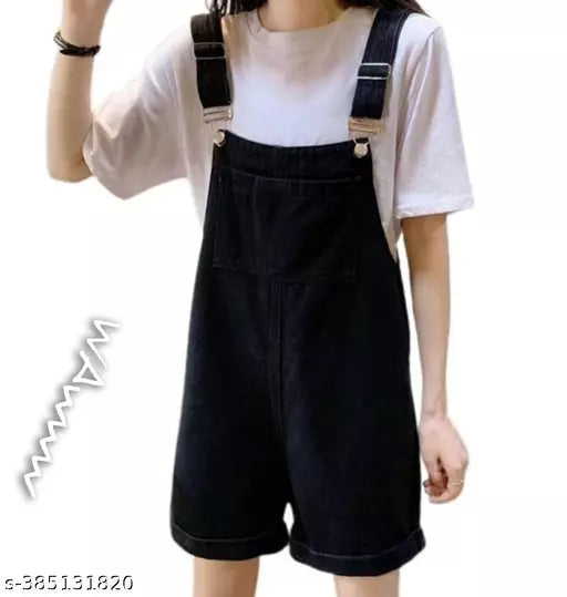 Women s & Girls Stylish Denim Cotton Fabric High Quality Dungree + Tee Color Black