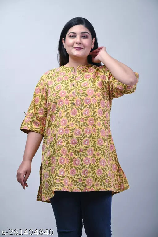 Plus Size-Casual Regular Sleeves Printed Women Yellow Top