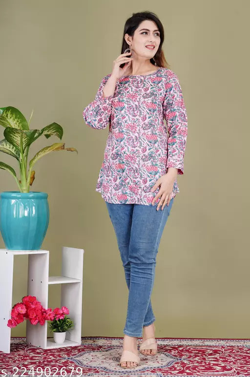 Shree Fashion Baby Pink Rayon Zigzag Print Top  Frock_Top Kurti_Top