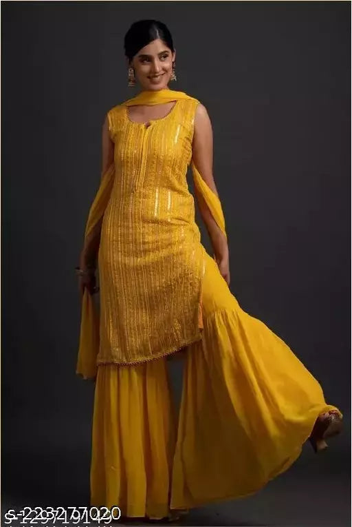 Women Faux Georgette With Embrodery Seqance Work Kurta With Sharara And Dupatta Stiched