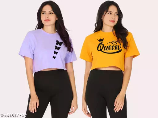 Trendy Feminine Printed Crop Tshirt Round Neck Top For Womens(Pack Of 2)