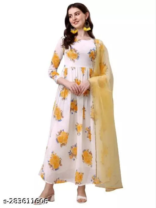 QVAZOR Stylish Fancy Trendy Printed Georgette Gown For Women For Party Wedding Festival Functions