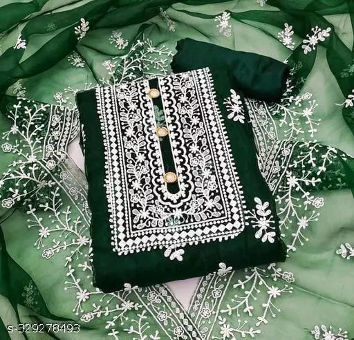 Women's Green Floral Embroidered Organza Suits & Dress Materials