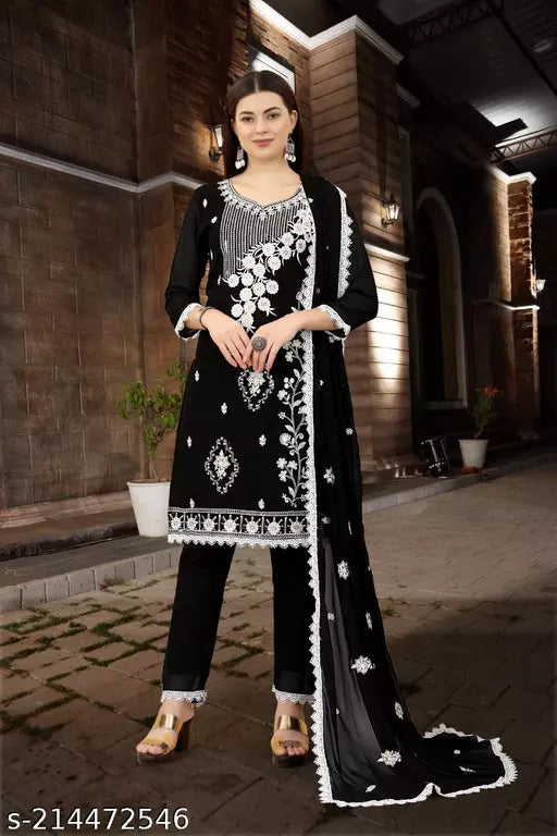 Women's Faux Georget Embroidery Work Unstiched Top Bottom and dupatta