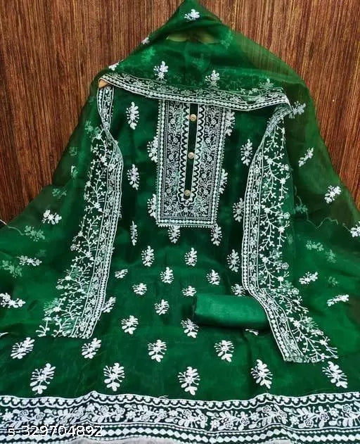 Jivika Graceful Salwar Suits & Dress Materials Exclusive Fancy Women's Designer Chainstich Embroidered Multiwork Double Sequence Green Floral Embroidered Organza Suits & Dress Materials