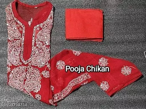 Chikankari embroidered mirror work gala booty chiffon kurti with cotton inner.