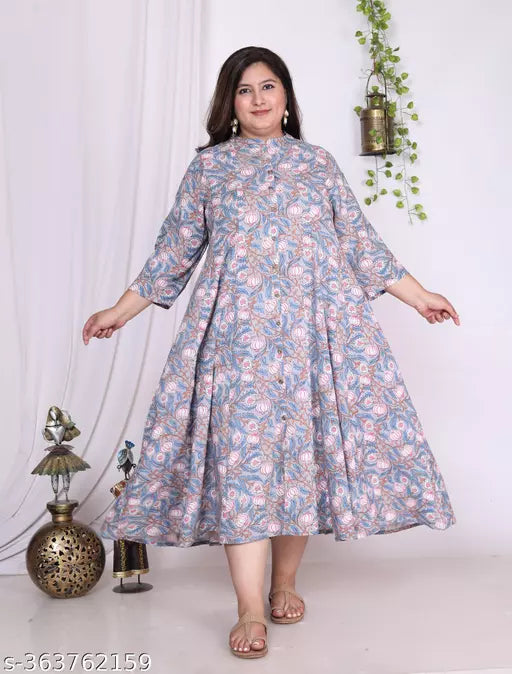 Swasti Plus Size Women Printed  Floral Print Cotton Blend Gown Kurta