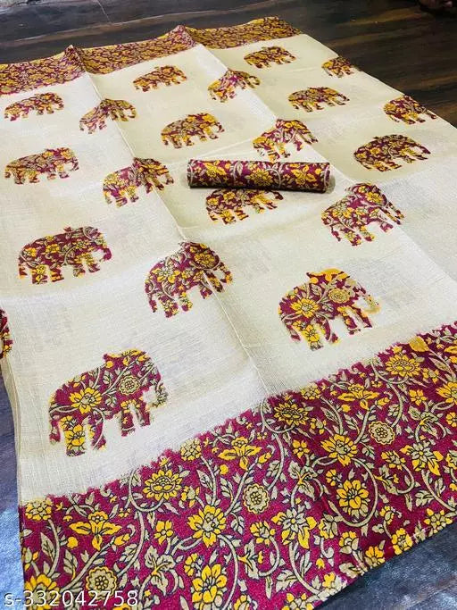 ELEPHANT PRINTED KHADI SILK BLENDED LIGHT WEIGHT COMFERTABLE WEAR SAREE WITH BLOUSE