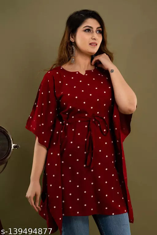 Stylish Rayon Printed Maroon dot women Kaftan Top
