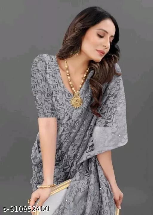 Belt Style Net Grey Ready To Wear Sarees With Unstich Blouse