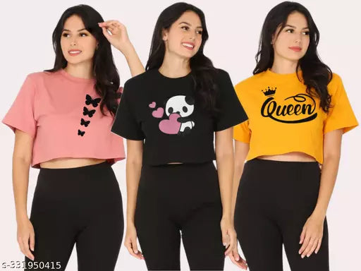 Trendy Feminine Printed Crop Top Round Neck Top For Womens (Pack Of 3)
