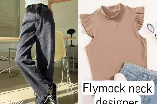 STYLISH DENIM JEANS + DESIGNER FRILL TOP COMBO               TOP SIZE IS FREE(28/34)      JEANS SIZE WAIST KE ACCORDING