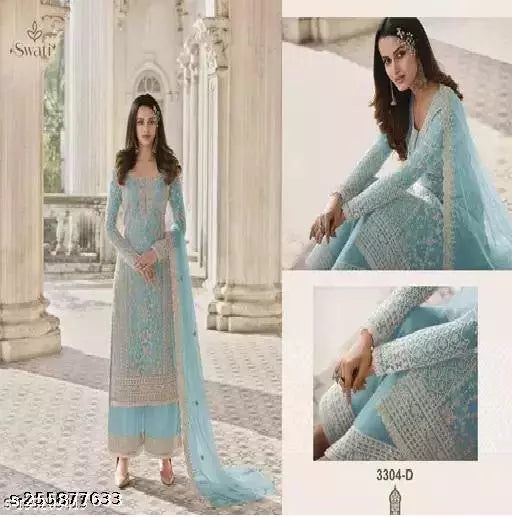 Women's Wine Embroidered Net Semi Stitched Suits
