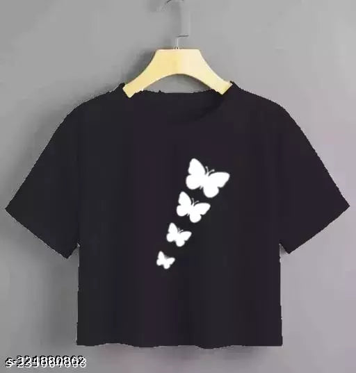 Trendy Feminine Printed Crop Tshirt Round Neck Top For Womens
