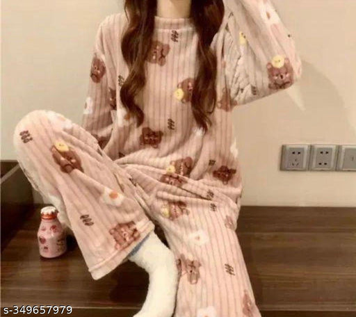 Women Winter sleepwear woolen brown printed