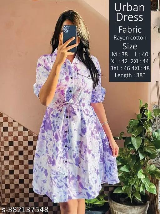 JKP COLLECTION Trendy Floral Print Women's Rayon A-Line Below The Knee Length Casual Dress Lavendar
