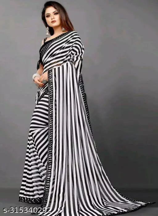 Banarasi Lycra Blend Zebra Patta Black and White Line Party Wear Saree By Kraddle