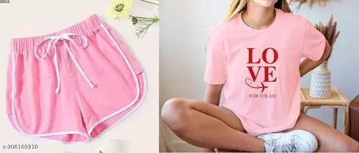 Vivient Women Pink Shorts and Pink Love Printed T-Shirt Combo