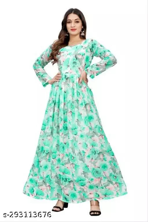 QVAZOR Stylish Fancy Trendy Printed Georgette Gown For Women For Party Wedding Festival Functions