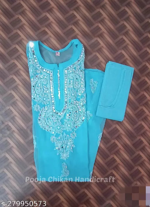 Chikankari Gala Booty Chiffon Kurti with Cotton Inner.
