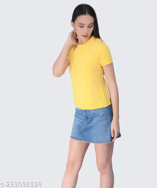Vivient Women Yellow Plain Janny Cut Top