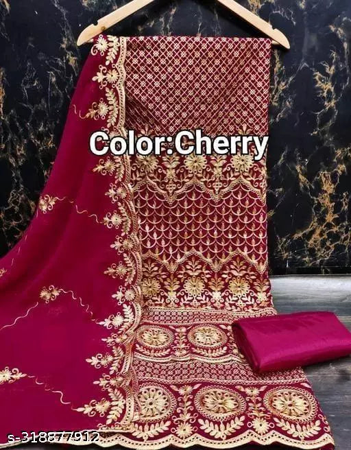 Women's Red Floral Patiala Full Suits Embroidered Sequence Work Georgette Designer Salwar Suit & Dress Materials
