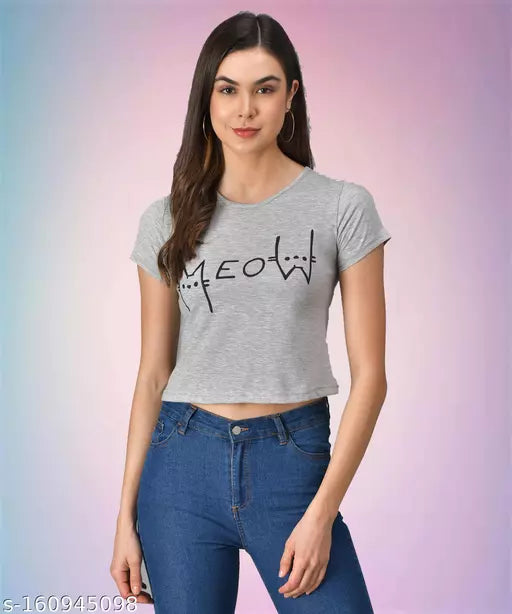 Vivient Grey Meow printed top for women and girls Tshirts