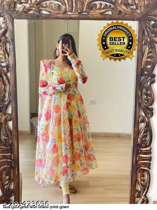 women printed long gown with dupatta